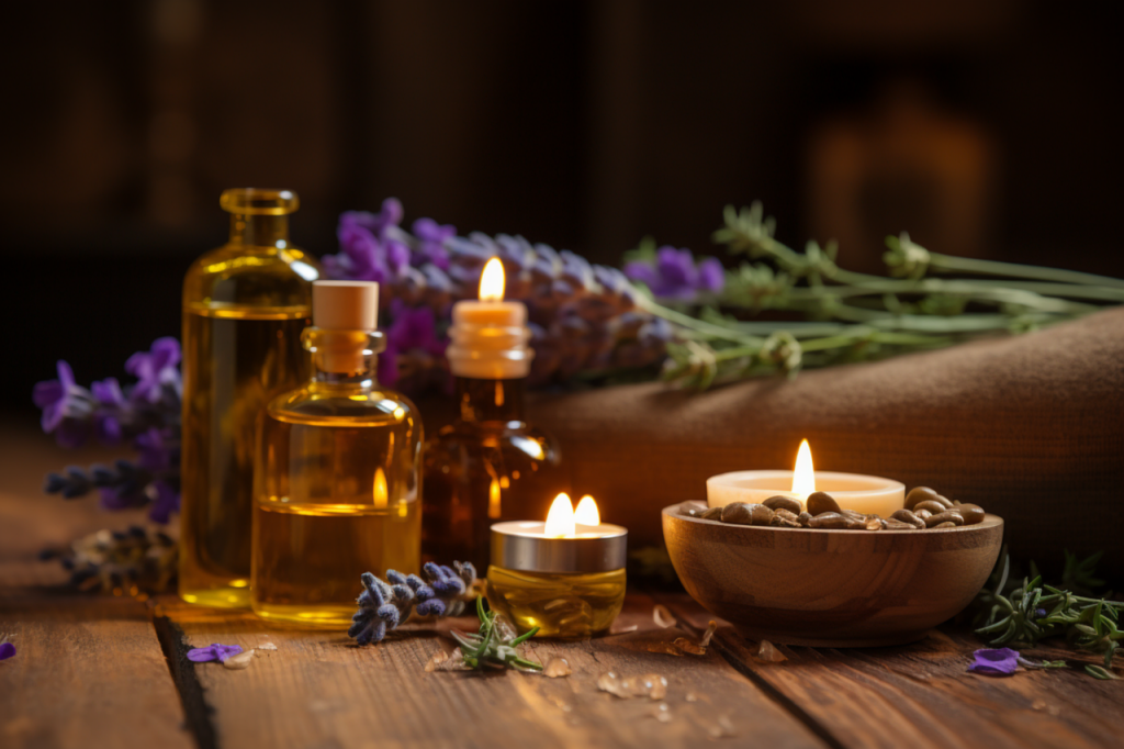 aromatische-ole-flaschen-mit-kerzen-und-lavendel-auf-holztisch-warme-entspannende-wellness-atmosphare-mit-naturlichen-elementen-und-sanftem-licht